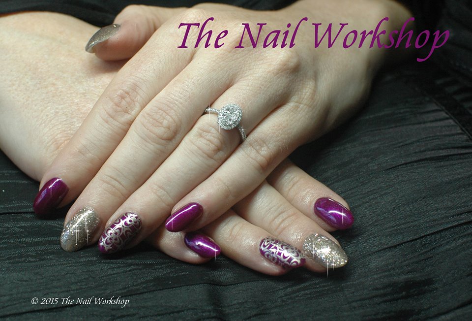  Gelish Berry Buttoed up with gold glitter and Stamping 